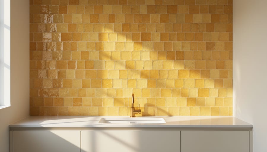 Honey-yellow hand-cut zellige Moroccan tiles on a bathroom accent wall with soft daylight reflections
