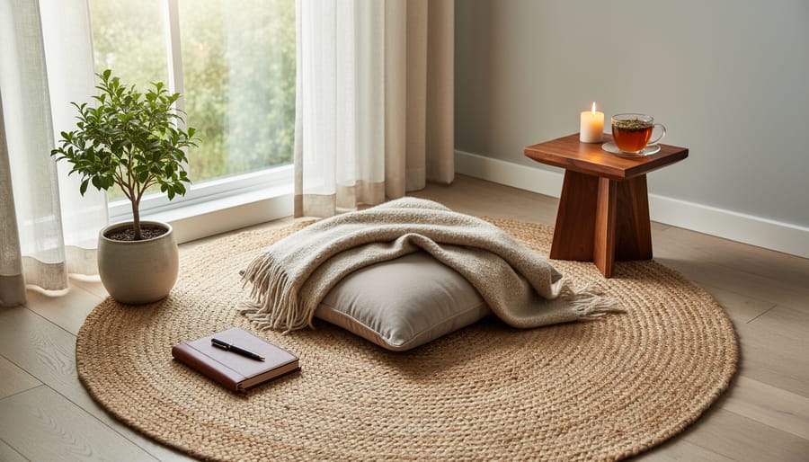 Moroccan-style meditation corner with cushions, rug, and glowing lanterns