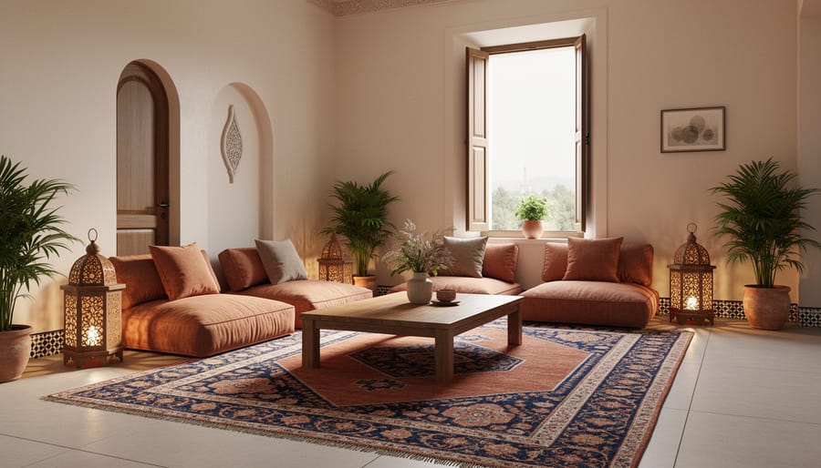 Moroccan-inspired living room lounge with poufs, patterned tiles, and warm lantern light