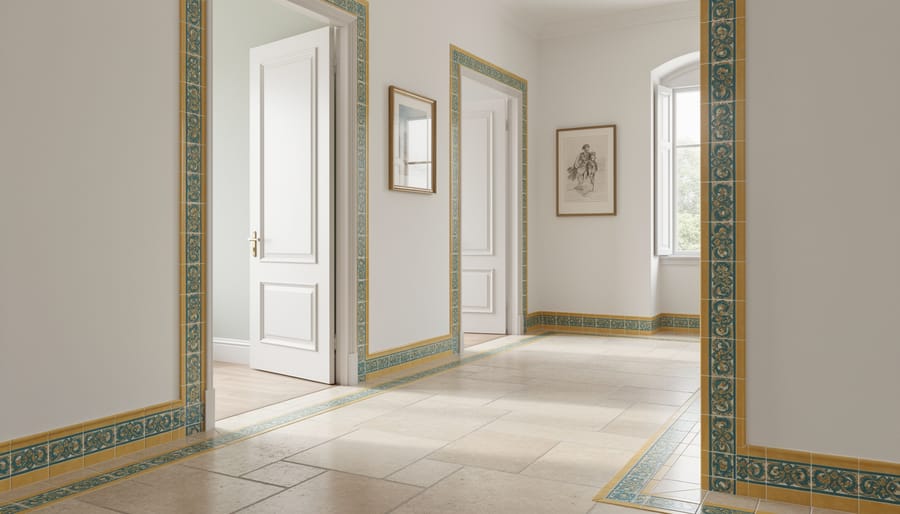 Mustard yellow Moroccan border tiles with teal accents framing a doorway