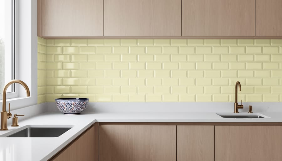 Pale lemon beveled subway-style Moroccan tiles in a herringbone pattern on a kitchen backsplash