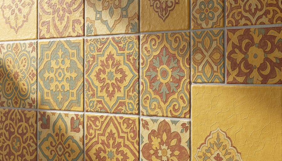 Saffron and gold mixed-pattern patchwork Moroccan tile feature wall