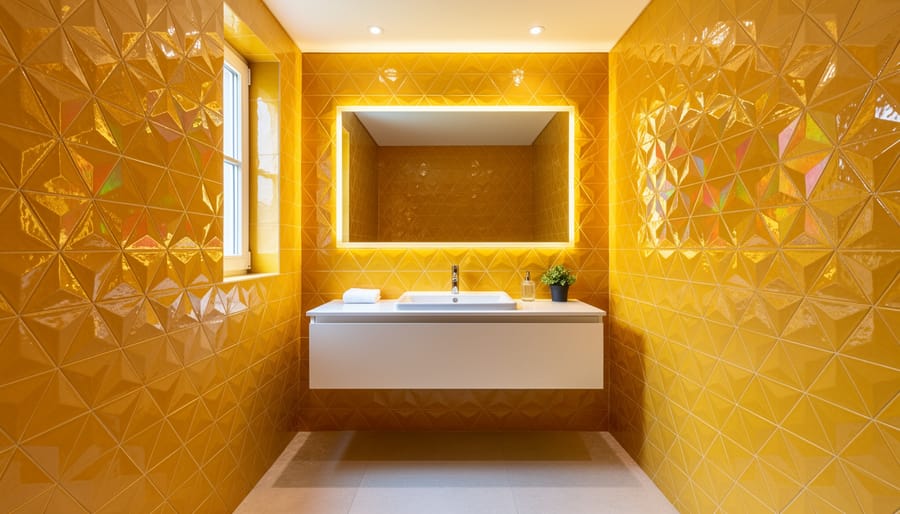 Sunflower-yellow geometric Moroccan glass tiles in a powder room backsplash
