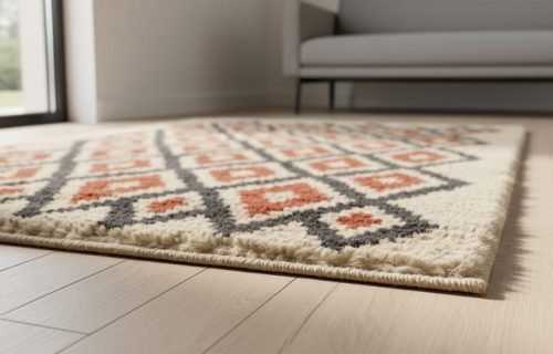 A 2x3 Moroccan rug with Berber diamond and zigzag patterns in cream, charcoal, and terracotta placed in a small modern entryway.