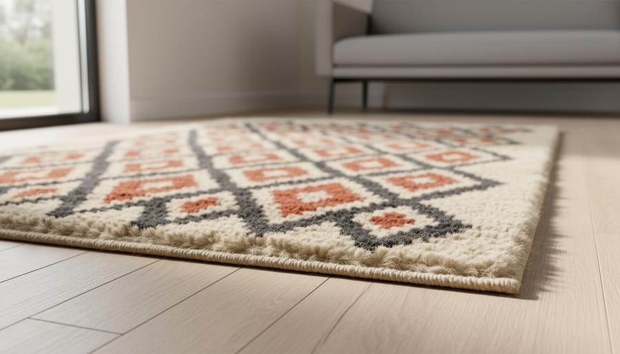 A 2x3 Moroccan rug with Berber diamond and zigzag patterns in cream, charcoal, and terracotta placed in a small modern entryway.