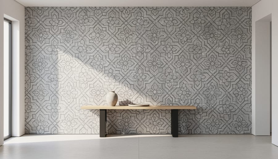 A 2x3 grey Moroccan rug styled in a modern minimalist entryway.