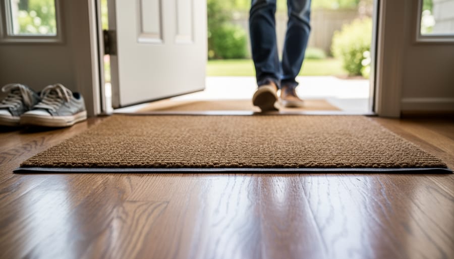 A 2x3 Moroccan entry rug with non-slip backing placed in front of a modern door.