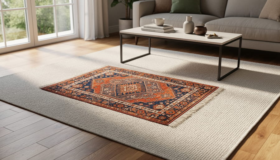 A layered 2x3 farmhouse Moroccan rug placed over a larger neutral rug in a modern living room.