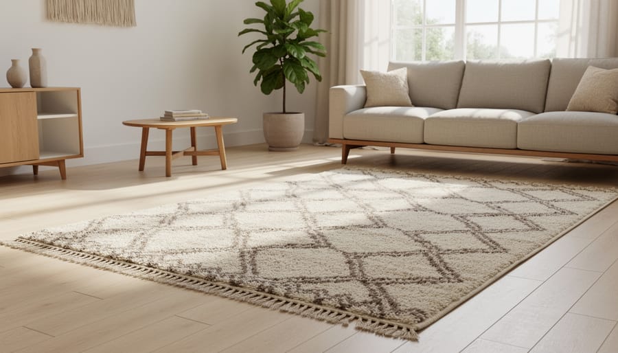 A 2x3 Tortania-inspired Moroccan rug styled in a bright neutral living room.