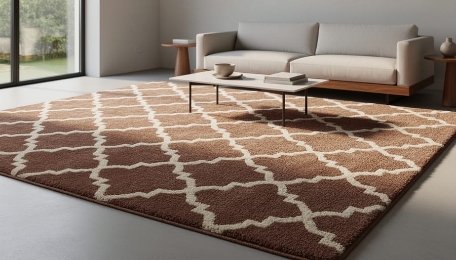 A 2x3 Moroccan trellis-pattern wool rug displayed with clear geometric quatrefoil design.