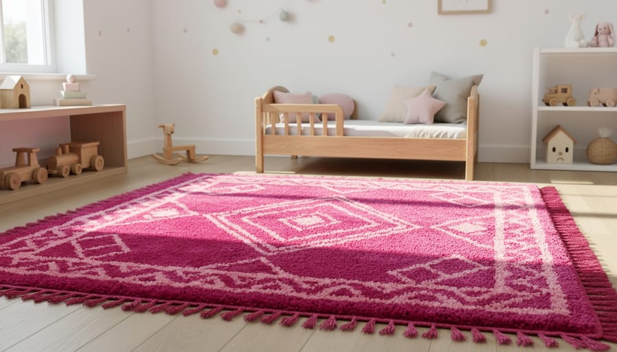 A 2x3 vibrant pink Moroccan rug styled in a bright nursery with kid-friendly decor.