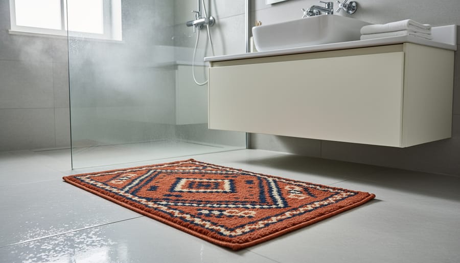 A 2x3 washable Moroccan bathroom mat placed near a modern vanity and shower area.